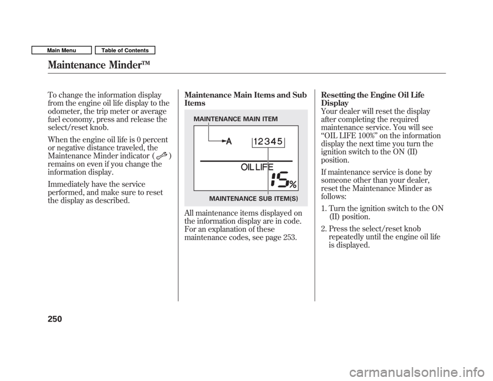 HONDA FIT 2011 2.G Owners Manual To change the information display 
from the engine oil life display to the
odometer, the trip meter or average
fuel economy, press and release the
select/reset knob. 
When the engine oil life is 0 per