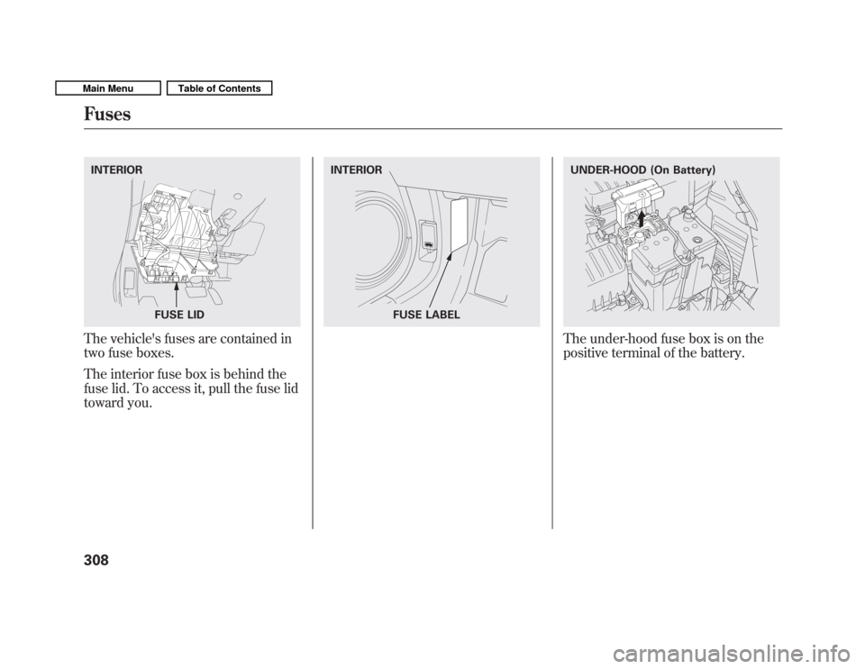 HONDA FIT 2011 2.G Owners Manual The vehicles fuses are contained in 
two fuse boxes. 
The interior fuse box is behind the 
fuse lid. To access it, pull the fuse lid
toward you.The under-hood fuse box is on the 
positive terminal of