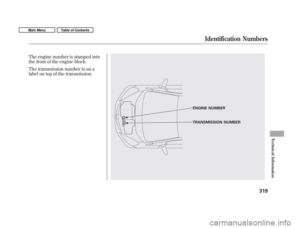 HONDA FIT 2011 2.G Owners Manual The engine number is stamped into 
the front of the engine block. 
The transmission number is on a 
label on top of the transmission.
ENGINE NUMBER 
TRANSMISSION NUMBER
Identification Numbers
319
Tech