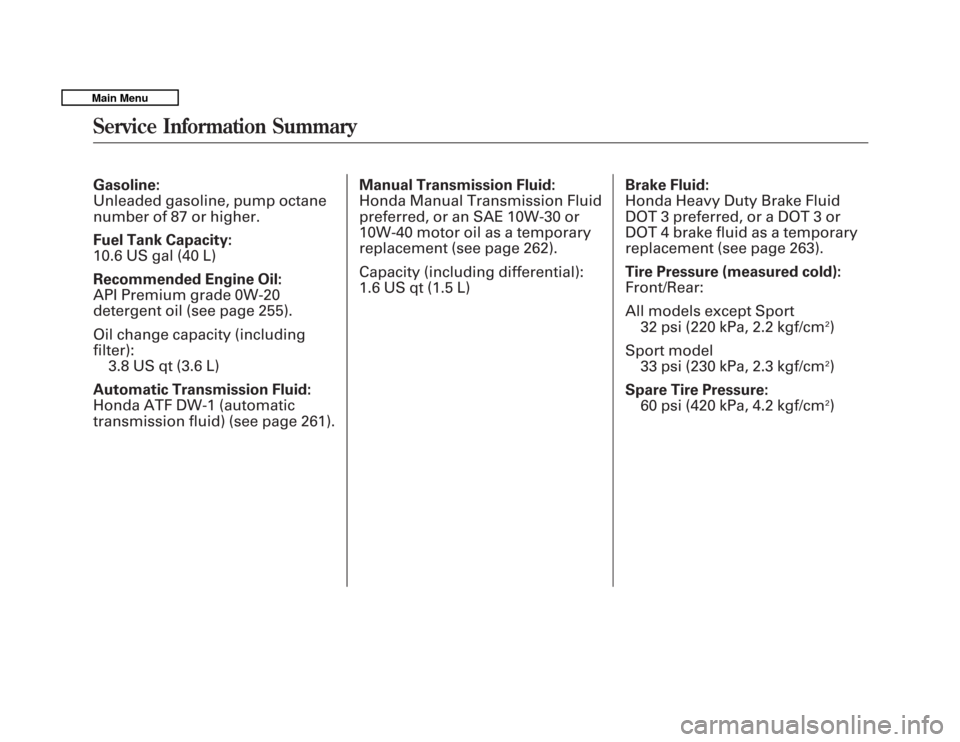 HONDA FIT 2011 2.G Owners Manual Gasoline: 
Unleaded gasoline, pump octane
number of 87 or higher. 
Fuel Tank Capacity: 
10.6 US gal (40 L) 
Recommended Engine Oil: 
API Premium grade 0W-20
detergent oil (see page 255). 
Oil change c