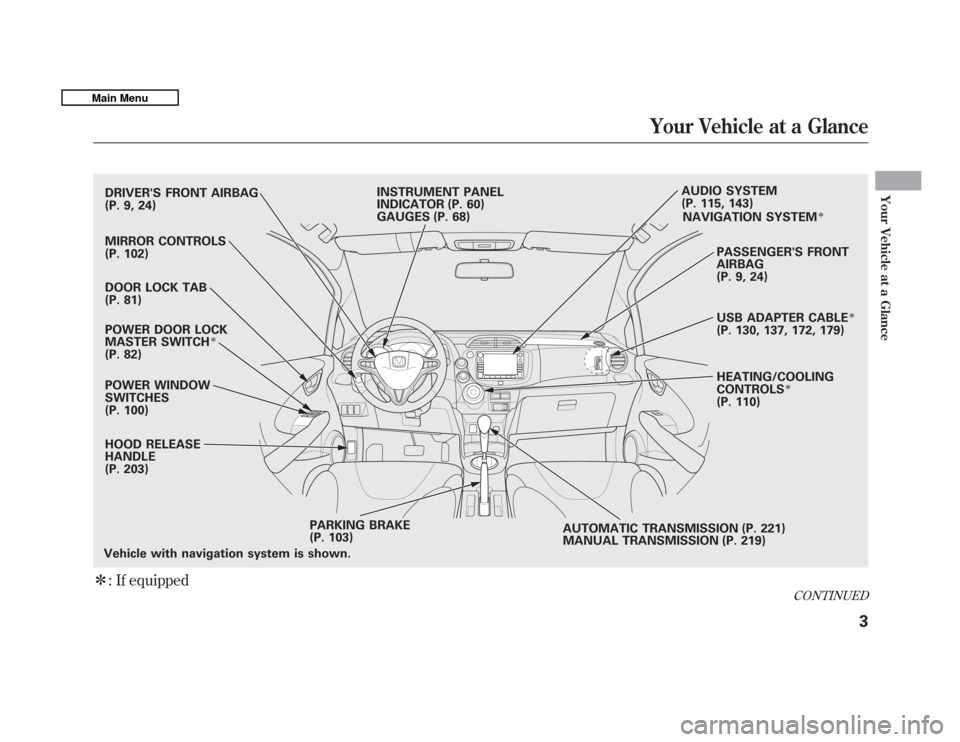 HONDA FIT 2011 2.G Owners Manual : If equipped
Vehicle with navigation system is shown.DRIVERS FRONT AIRBAG 
(P. 9, 24) 
MIRROR CONTROLS 
(P. 102) 
DOOR LOCK TAB 
(P. 81) 
POWER DOOR LOCK 
MASTER SWITCH

(P. 82) 
POWER WINDOW SWIT