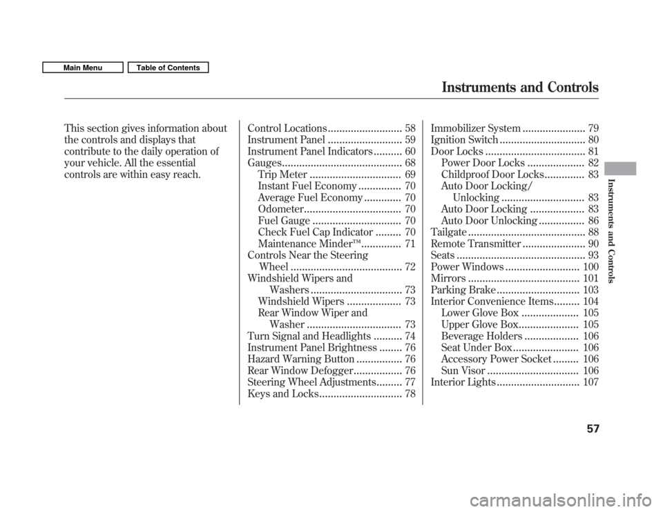 HONDA FIT 2011 2.G Owners Manual This section gives information about 
the controls and displays that
contribute to the daily operation of 
your vehicle. All the essential 
controls are within easy reach.Control Locations
...........