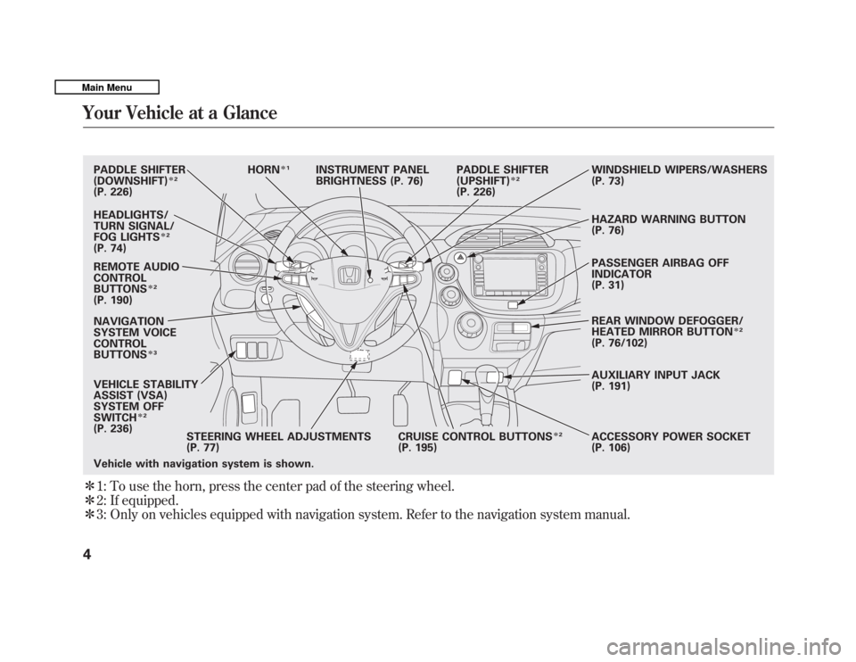 HONDA FIT 2011 2.G Owners Manual 1: To use the horn, press the center pad of the steering wheel.
 2: If equipped.
 3: Only on vehicles equipped with navigation system. Refer to the navigation system manual.
Vehicle with navigation