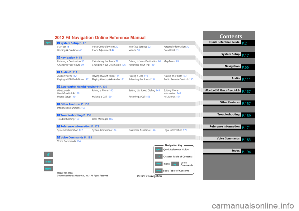 HONDA FIT 2012 2.G Navigation Manual Contents
2System Setup  P. 17
Start-up18 Voice Control System20Interface Settings 22 Personal Information 30
Routing & Guidance 40Clock Adjustment 47Vehicle50 Data Reset53
2Navigation  P. 55
Entering 