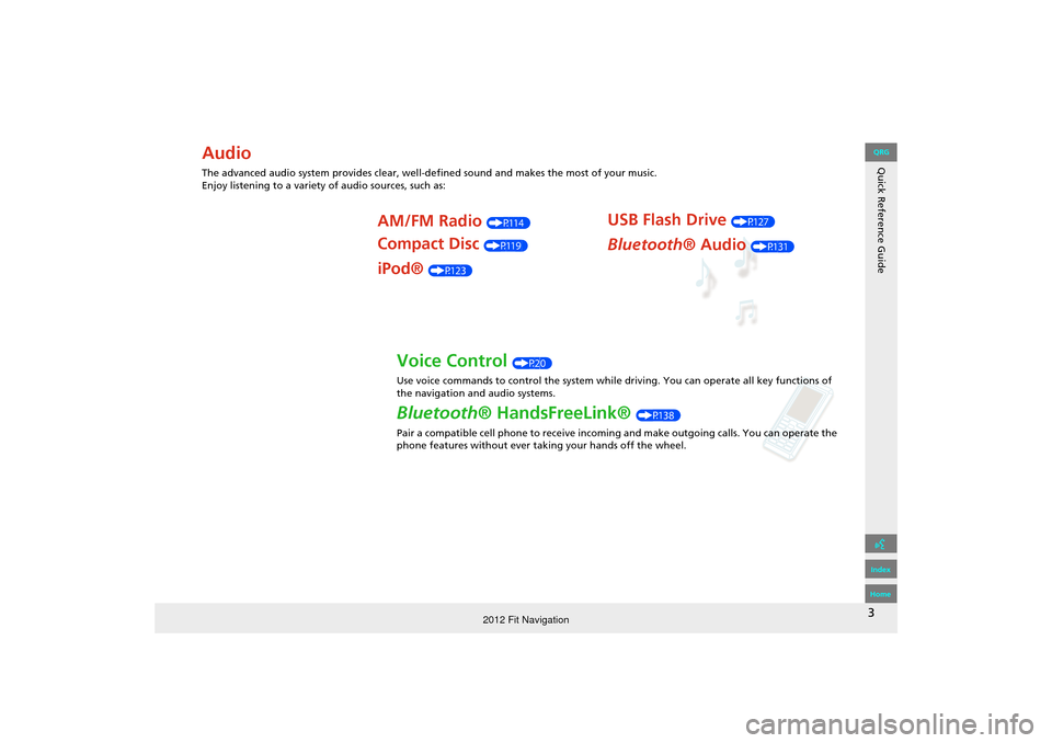 HONDA FIT 2012 2.G Navigation Manual 3
Quick Reference GuideAudio
The advanced audio system provides clear, well-defined sound and makes the most of your music. 
Enjoy listening to a variety of audio sources, such as:
AM/FM Radio  (P114)