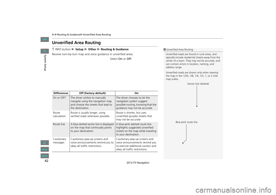 HONDA FIT 2012 2.G Navigation Manual 42
Routing & GuidanceUnverified Area Routing
System Setup
Unverified Area Routing
HINFO button   Setup  Other  Routing & Guidance
Receive turn-by-turn map and voice guidance in unver
