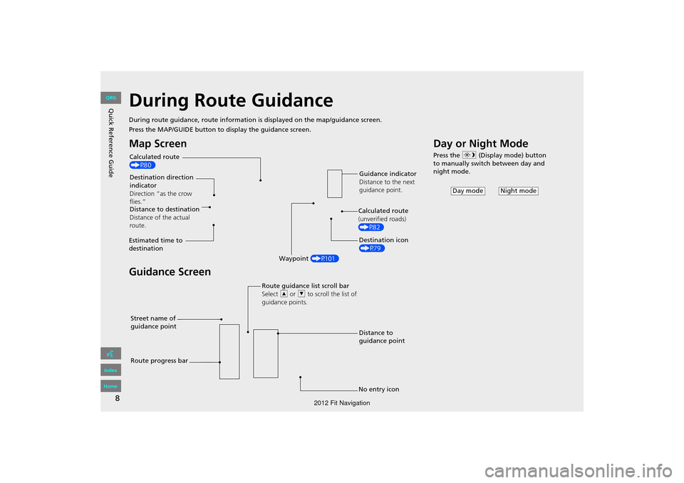 HONDA FIT 2012 2.G Navigation Manual 8
Quick Reference GuideDuring Route Guidance
During route guidance, route information is displayed on the map/guidance screen.
Press the MAP/GUIDE button to display the guidance screen.
Map Screen
Gui