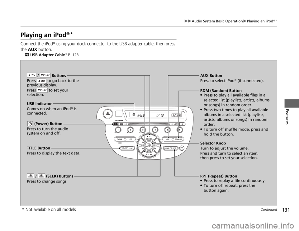 HONDA FIT 2012 2.G Owners Manual 131
uuAudio System Basic OperationuPlaying an iPod®
*
Continued
Features
Playing an iPod®
*
Connect the iPod® using your dock connector to the USB adapter cable, then press 
the AUX button.
2USB Ad