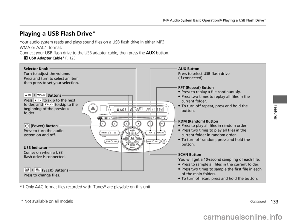 HONDA FIT 2012 2.G Owners Manual 133
uuAudio System Basic OperationuPlaying a USB Flash Drive
*
Continued
Features
Playing a USB Flash Drive
*
Your audio system reads and plays sound files on a USB flash drive in either MP3, 
WMA or 