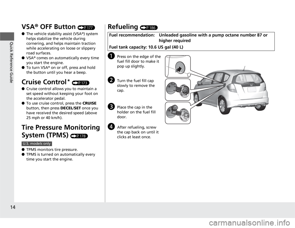 HONDA FIT 2012 2.G User Guide 14Quick Reference Guide
VSA® OFF Button 
(P177)
●The vehicle stability assist (VSA®) system 
helps stabilize the vehicle during 
cornering, and helps maintain traction 
while accelerating on loose