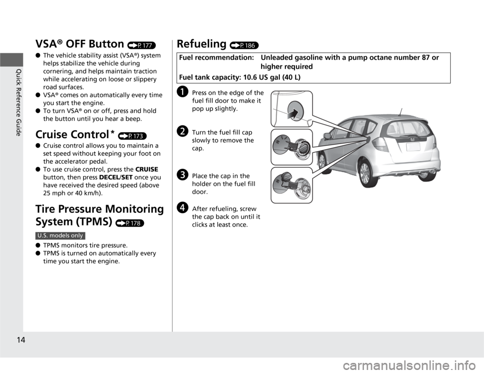 HONDA FIT 2012 2.G Owners Manual 14Quick Reference Guide
VSA® OFF Button 
(P177)
●The vehicle stability assist (VSA®) system 
helps stabilize the vehicle during 
cornering, and helps maintain traction 
while accelerating on loose