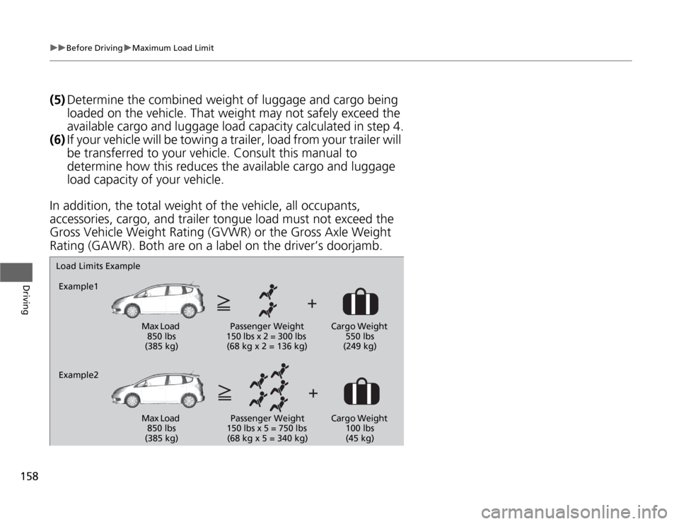 HONDA FIT 2012 2.G Owners Manual 158
uuBefore DrivinguMaximum Load Limit
Driving
(5)Determine the combined weight of luggage and cargo being
loaded on the vehicle. That weight may not safely exceed the
available cargo and luggage l HONDA FIT 2012 2.G Owners Manual 158
uuBefore DrivinguMaximum Load Limit
Driving
(5)Determine the combined weight of luggage and cargo being
loaded on the vehicle. That weight may not safely exceed the
available cargo and luggage l