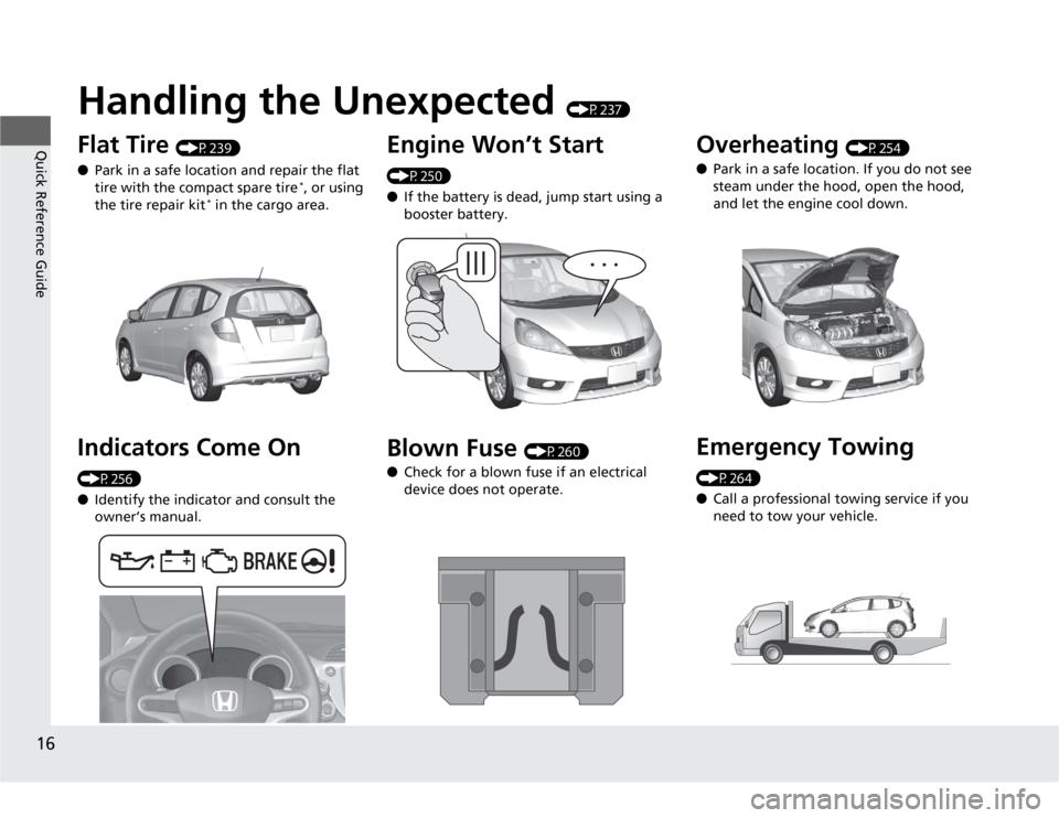 HONDA FIT 2012 2.G Owners Manual 16Quick Reference Guide
Handling the Unexpected 
(P237)
Flat Tire 
(P239)
●Park in a safe location and repair the flat 
tire with the compact spare tire
*, or using 
the tire repair kit
* in the car