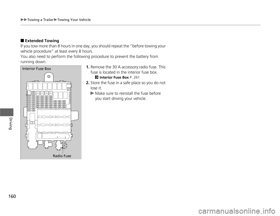 HONDA FIT 2012 2.G Owners Manual 160
uuTowing a TraileruTowing Your Vehicle
Driving
■
Extended Towing
If you tow more than 8 hours in one day, you should repeat the “before towing your 
vehicle procedure” at least every 8 hours