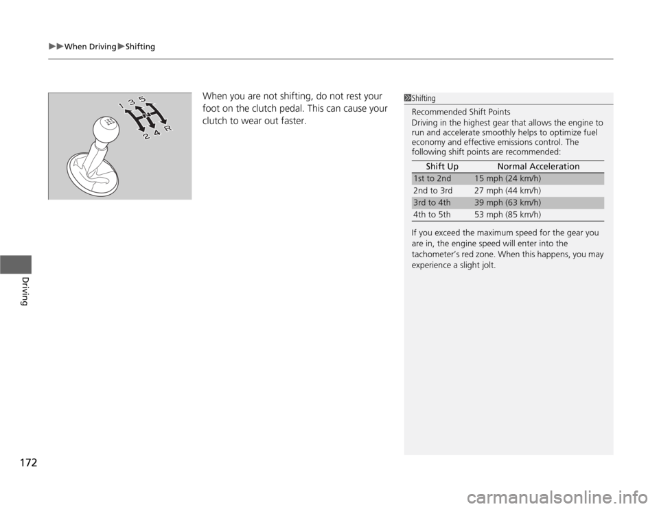 HONDA FIT 2012 2.G Owners Manual uuWhen DrivinguShifting
172Driving
When you are not shifting, do not rest your
foot on the clutch pedal. This can cause your
clutch to wear out faster.
1Shifting
Recommended Shift Points
Driving in HONDA FIT 2012 2.G Owners Manual uuWhen DrivinguShifting
172Driving
When you are not shifting, do not rest your
foot on the clutch pedal. This can cause your
clutch to wear out faster.
1Shifting
Recommended Shift Points
Driving in