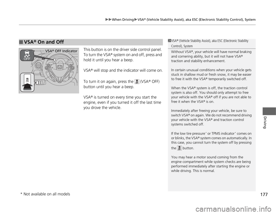 HONDA FIT 2012 2.G Owners Manual 177
uuWhen DrivinguVSA® (Vehicle Stability Assist), aka ESC (Electronic Stability Control), System
Driving
This button is on the driver side control panel. 
To turn the VSA® system on and off, press