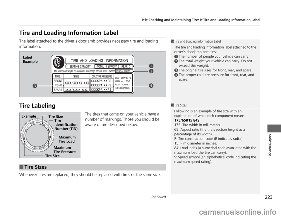 HONDA FIT 2012 2.G Owners Manual 223
uuChecking and Maintaining TiresuTire and Loading Information Label
Continued
Maintenance
Tire and Loading Information LabelThe label attached to the driver’s doorjamb provides necessary tire an