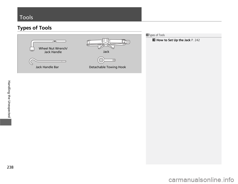 HONDA FIT 2012 2.G Owners Manual 238Handling the Unexpected
ToolsTypes of Tools
1Types of Tools
2How to Set Up the Jack P. 242
Wheel Nut Wrench/
Jack HandleJack
Jack Handle BarDetachable Towing Hook 