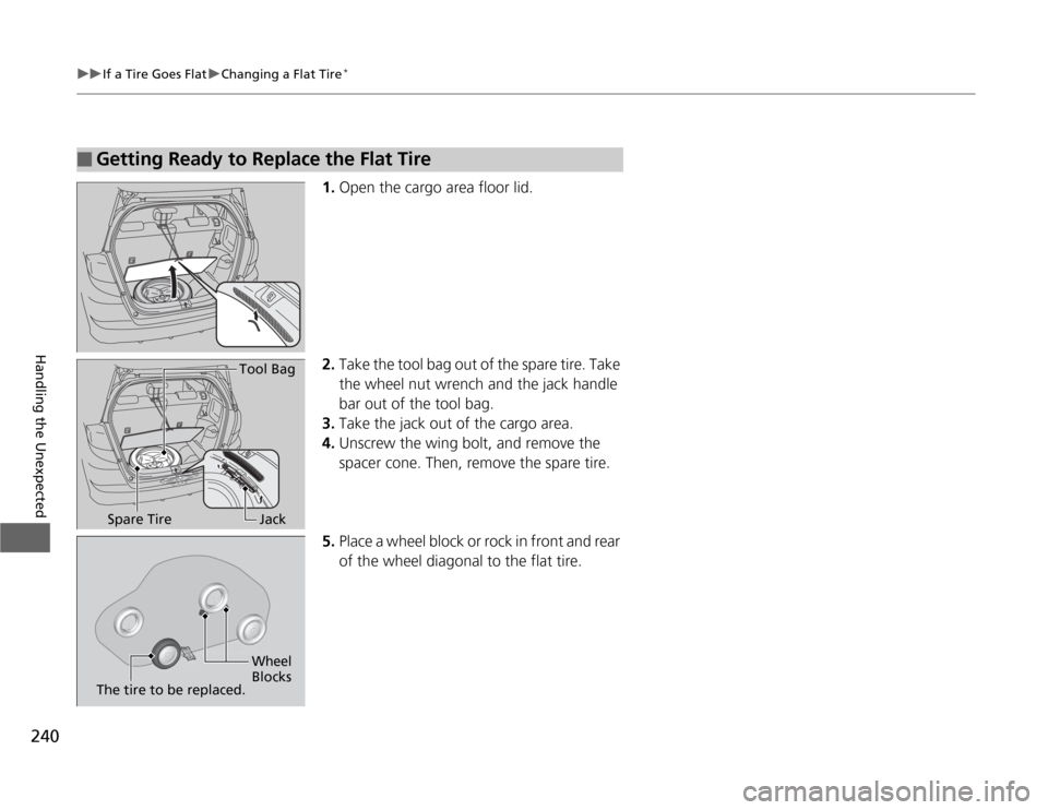 HONDA FIT 2012 2.G Owners Manual 240
uuIf a Tire Goes FlatuChanging a Flat Tire
*
Handling the Unexpected
1.Open the cargo area floor lid.
2.Take the tool bag out of the spare tire. Take 
the wheel nut wrench and the jack handle 
bar