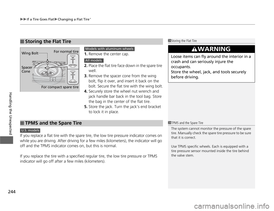 HONDA FIT 2012 2.G Owners Manual uuIf a Tire Goes FlatuChanging a Flat Tire
*
244Handling the Unexpected
1.Remove the center cap.
2.Place the flat tire face down in the spare tire 
well.
3.Remove the spacer cone from the wing 
bolt, 