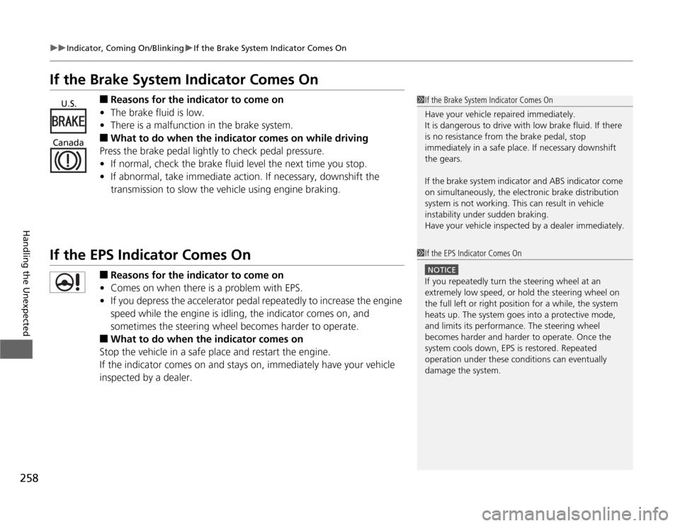 HONDA FIT 2012 2.G Owners Manual 258
uuIndicator, Coming On/BlinkinguIf the Brake System Indicator Comes On
Handling the Unexpected
If the Brake System Indicator Comes On
■
Reasons for the indicator to come on
•The brake fluid is