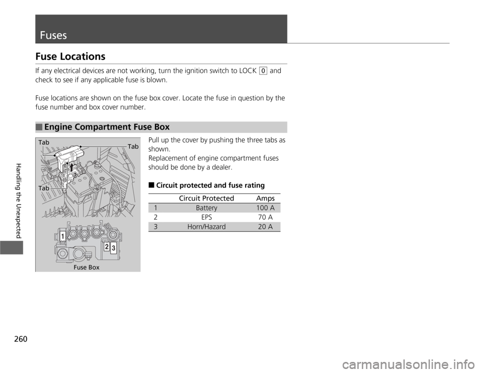 HONDA FIT 2012 2.G Owners Manual 260Handling the Unexpected
FusesFuse LocationsIf any electrical devices are not working, turn the ignition switch to LOCK 
(0
 and 
check to see if any applicable fuse is blown.
Fuse locations are sho