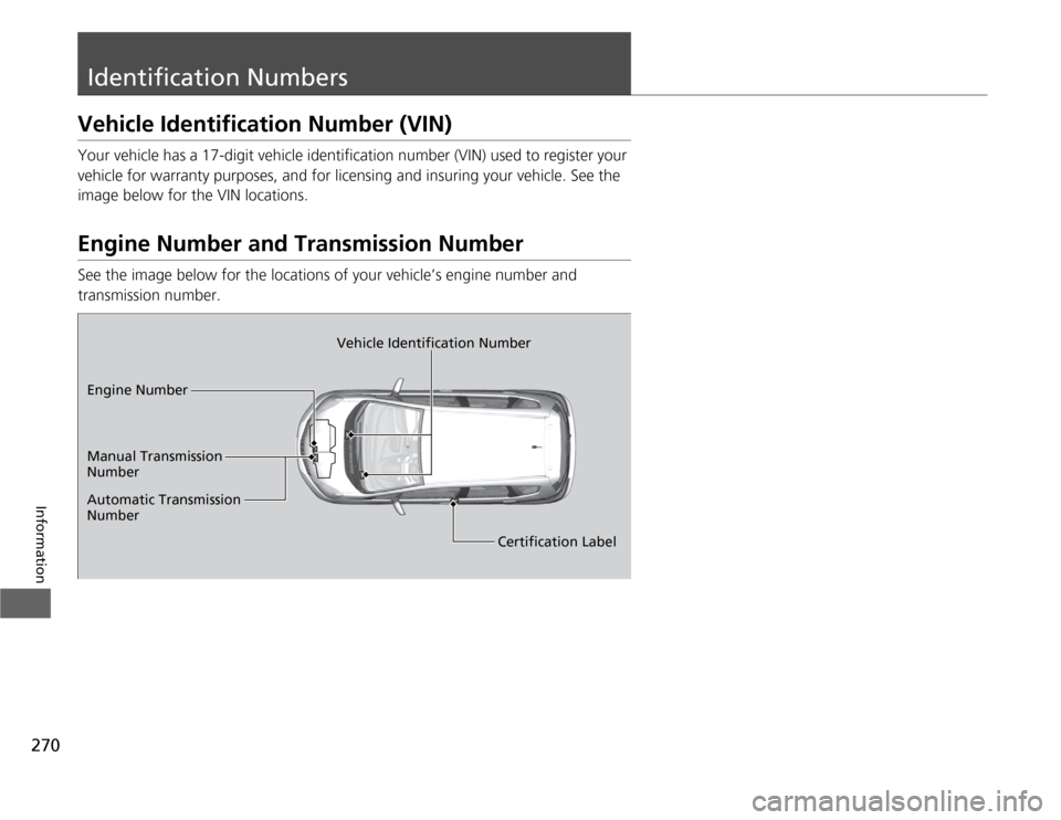 HONDA FIT 2012 2.G Owners Manual 270Information
Identification NumbersVehicle Identification Number (VIN)Your vehicle has a 17-digit vehicle identification number (VIN) used to register your 
vehicle for warranty purposes, and for li