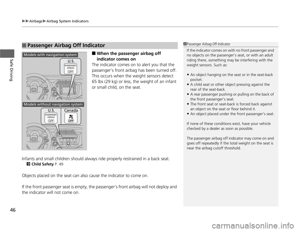 HONDA FIT 2012 2.G Service Manual uuAirbagsuAirbag System Indicators
46Safe Driving
■
When the passenger airbag off 
indicator comes on
The indicator comes on to alert you that the 
passenger’s front airbag has been turned off.
Th