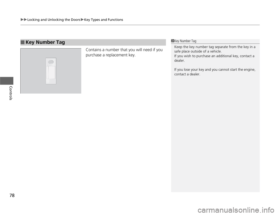HONDA FIT 2012 2.G Owners Manual uuLocking and Unlocking the DoorsuKey Types and Functions
78Controls
Contains a number that you will need if you 
purchase a replacement key.
■
Key Number Tag
1Key Number Tag
Keep the key number tag