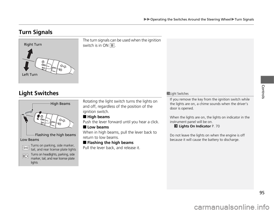 HONDA FIT 2012 2.G Owners Manual 95
uuOperating the Switches Around the Steering WheeluTurn Signals
Controls
Turn Signals
The turn signals can be used when the ignition 
switch is in ON 
(w
.
Light Switches
Rotating the light switch 