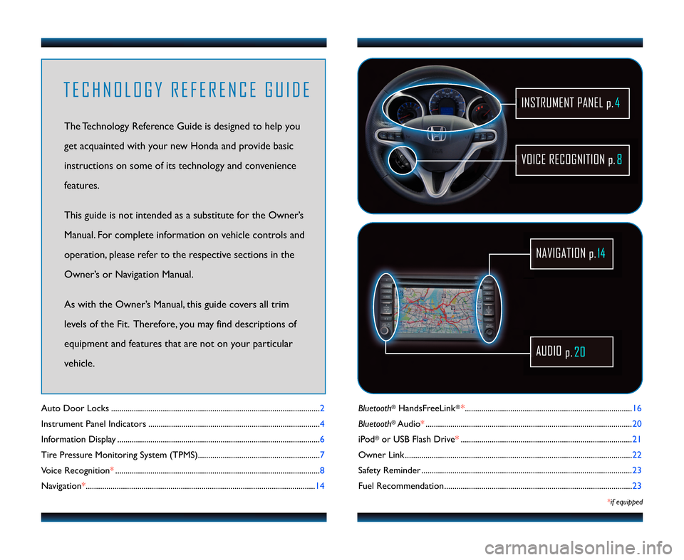 HONDA FIT 2012 2.G Technology Reference Guide Bluetooth®HandsFreeLink®*.............................\6..................\6..................\6................ 16
Bluetooth
®Audio* ..................\6..................\6..................\6...