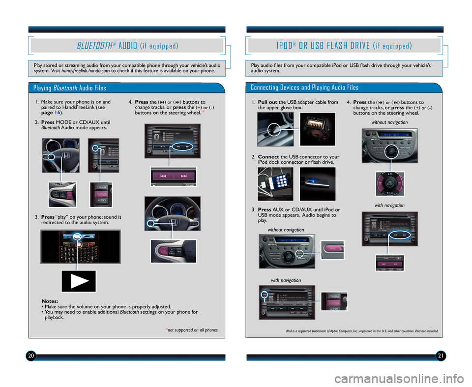 HONDA FIT 2012 2.G Technology Reference Guide IPOD ORUSB FLASH DRIVE (®i f e q u i p p e d)
Play audio files from your compatible iPod or USB flash drive through your vehicle’s audio system.
Connecting Devices and Playing Audio Files
1.Pull ou