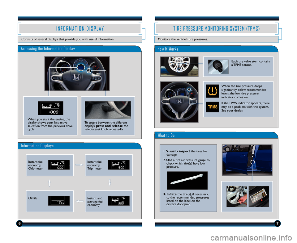 HONDA FIT 2012 2.G Technology Reference Guide Accessing the Information Display
Information Displays
I N F O R M A T I O N D I S P L A Y
Consists of several displays that provide you with useful information.
6
Instant fuel
economy,
OdometerInstan