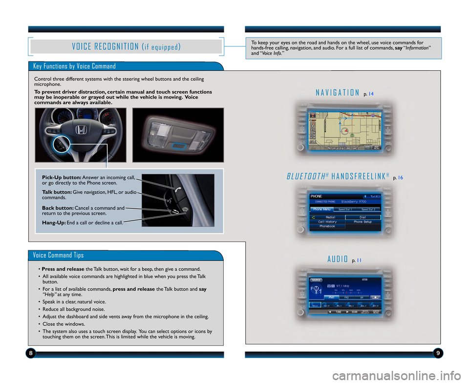 HONDA FIT 2012 2.G Technology Reference Guide \b9
Key Functions by Voice Command
A U D I Op.\f\f
N A V I G A T I O Np.\f4
B L U E T O O T H®H A N D S F R E E L I N K®p.\f6
V O I C E R E C O G N I T I O N (i f e q u i p p e d)To keep your eyes o