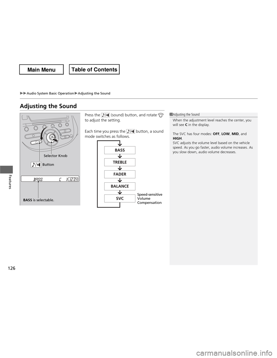 HONDA FIT 2013 3.G Owners Manual 126
uuAudio System Basic OperationuAdjusting the Sound
Features
Adjusting the SoundPress the   (sound) button, and rotate    
to adjust the setting. 
Each time you press the   button, a sound  
mode s
