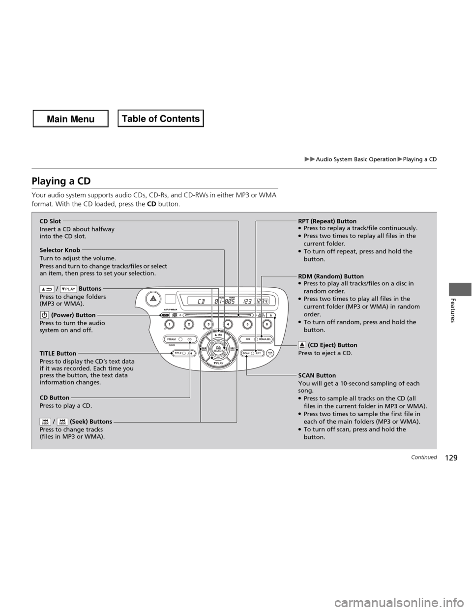 HONDA FIT 2013 3.G Owners Manual 129
uuAudio System Basic OperationuPlaying a CD
Continued
Features
Playing a CD 
Your audio system supports audio CDs, CD-Rs, and CD-RWs in either MP3 or WMA  
format. With the CD loaded, press the CD