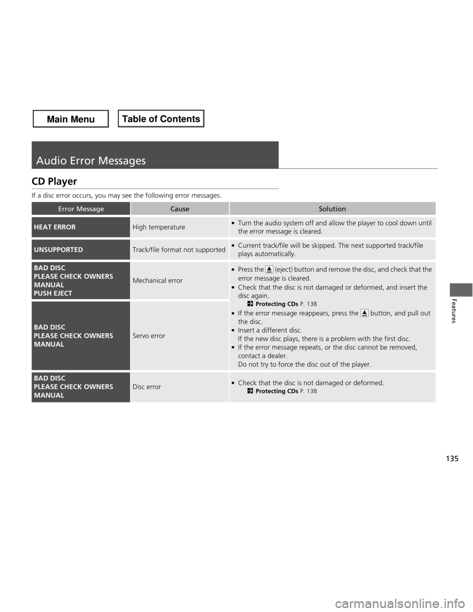 HONDA FIT 2013 3.G Owners Manual 135
Features
Audio Error Messages
CD Player 
If a disc error occurs, you may see the following error messages.
Error MessageCauseSolution
HEAT ERRORHigh temperature●Turn the audio system off and all