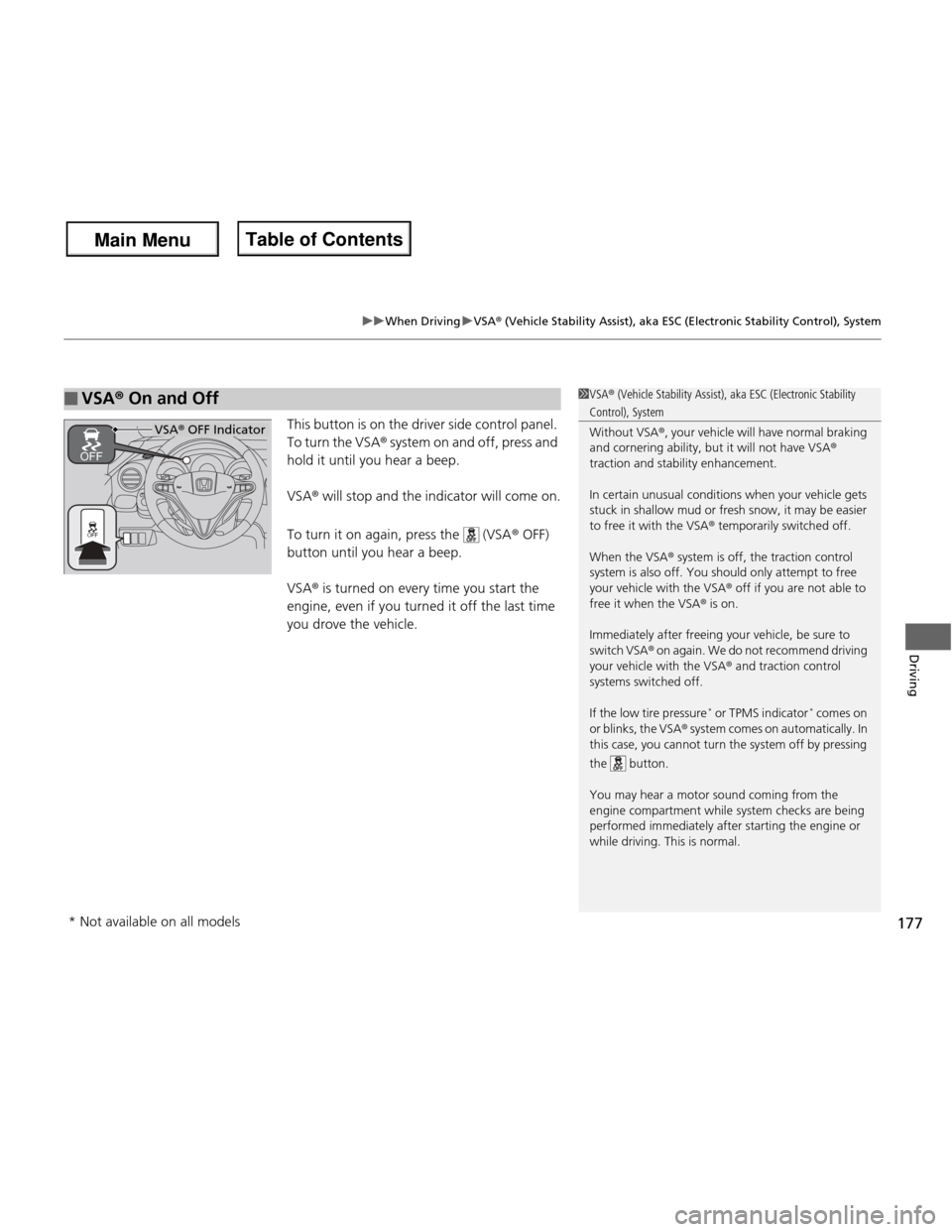 HONDA FIT 2013 3.G Owners Manual 177
uuWhen DrivinguVSA® (Vehicle Stability Assist), aka ESC (Electronic Stability Control), System
Driving
This button is on the driver side control panel.  
To turn the VSA ® system on and off, pre