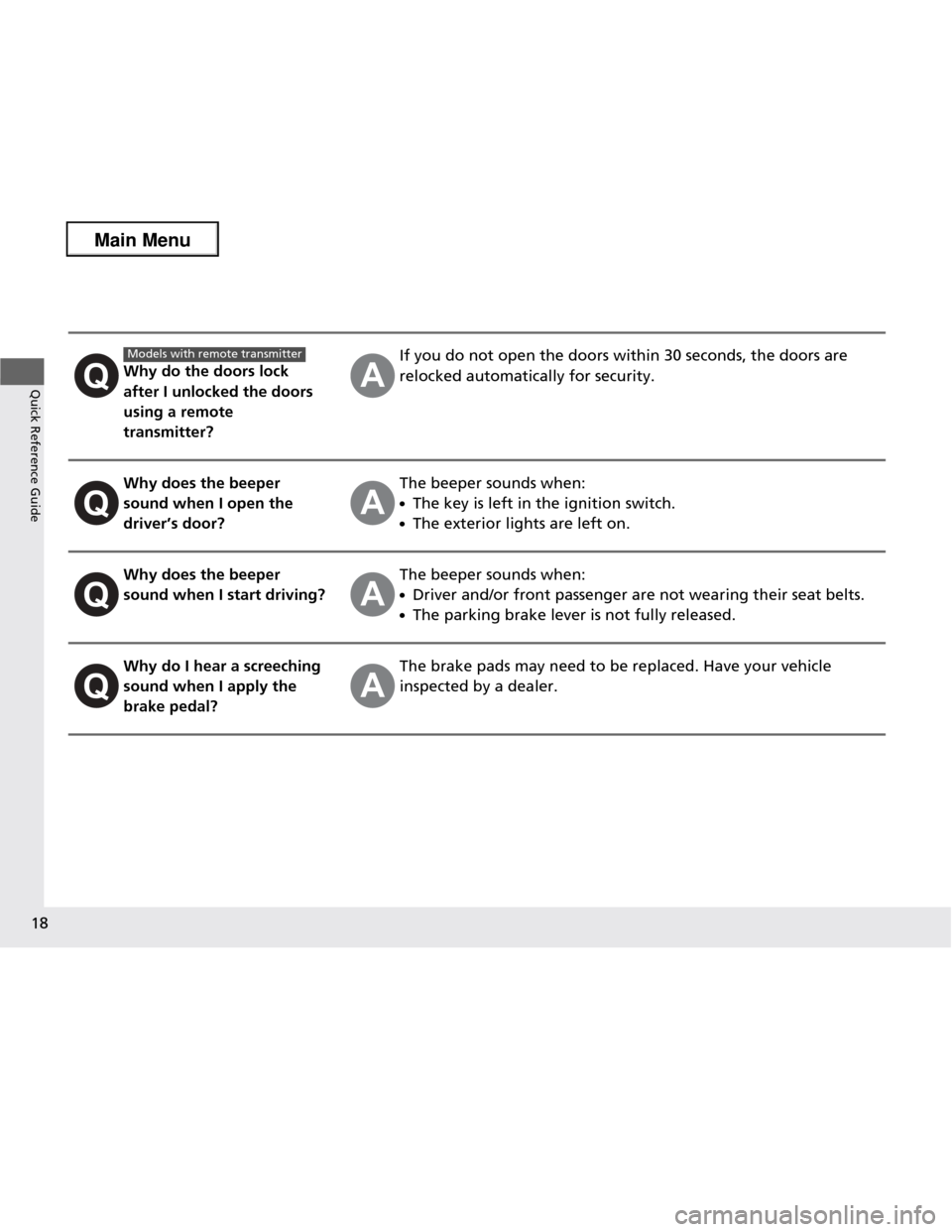 HONDA FIT 2013 3.G Owners Manual 18
Quick Reference GuideWhy do the doors lock  
after I unlocked the doors 
using a remote  
transmitter?
If you do not open the doors within 30 seconds, the doors are  
relocked automatically for sec