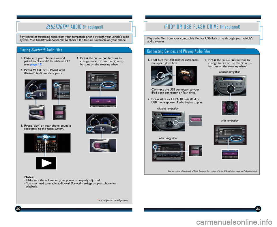 HONDA FIT 2013 3.G Technology Reference Guide 2120
i P O D®O R U S B F \f A S H D R I V \b(if equipped)
Play audio files from your compatible iPod or USB flash drive through your vehicle’s
audio system.
Connecting Devices and Playing Audio Fil