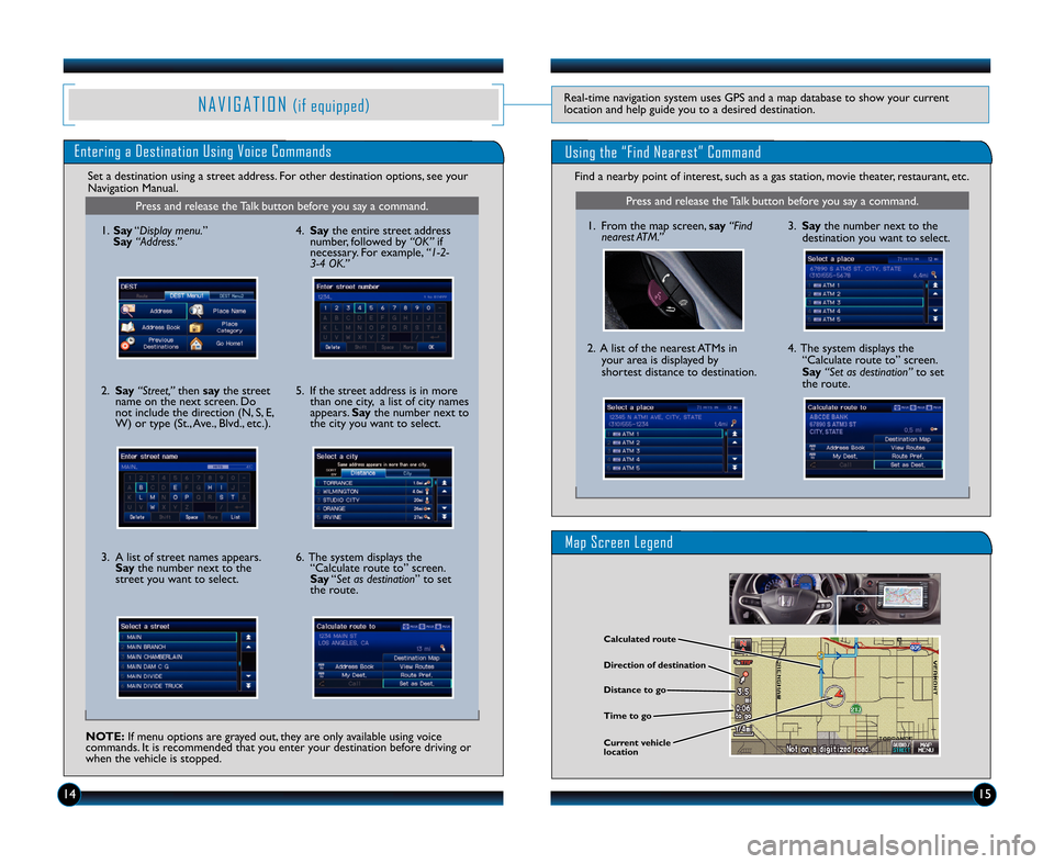 HONDA FIT 2013 3.G Technology Reference Guide \f4\f5
N A V I G A T I O N(if equipped)Real\btime navigation system uses GPS and a map database to show your current
location and help guide you to a desired destination.
Set a destination using a str