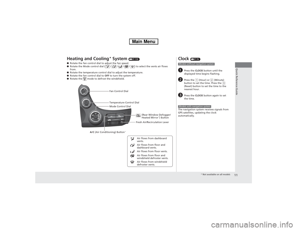 HONDA FIT 2014 3.G Owners Manual 11Quick Reference Guide
Heating and Cooling
* System 
(P118)
●Rotate the fan control dial to adjust the fan speed.
●Rotate the Mode control dial (  /   /   /   /  ) to select the vents air flows 
