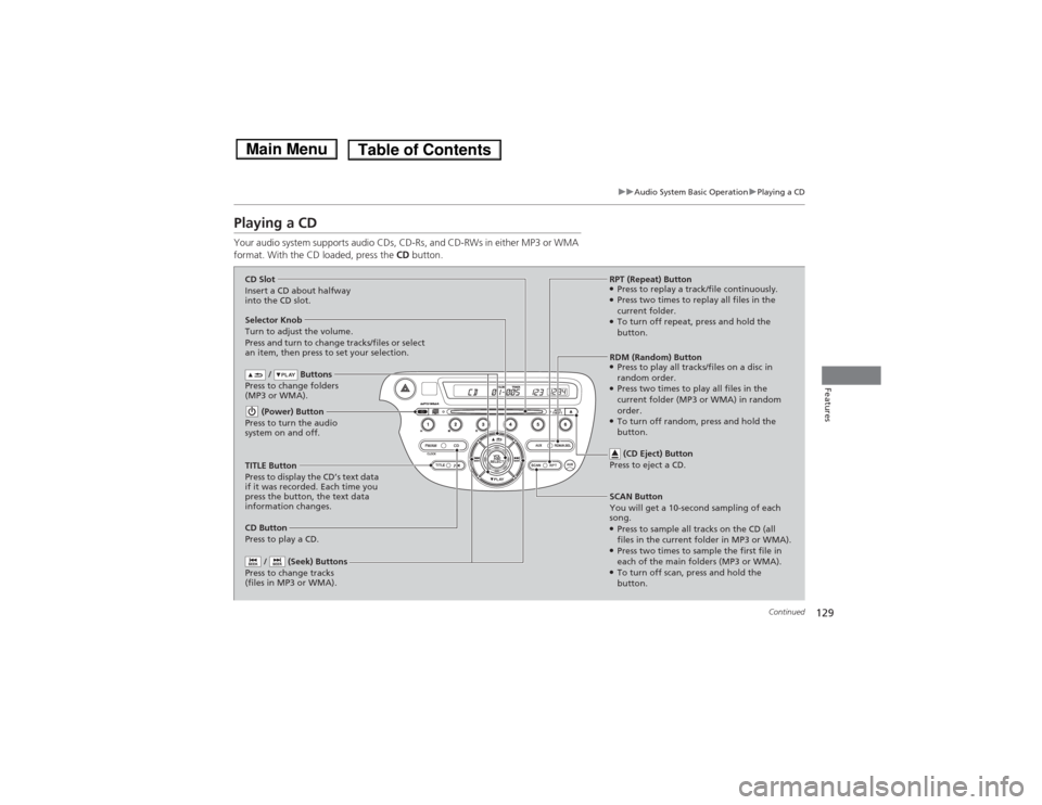 HONDA FIT 2014 3.G Owners Manual 129
uuAudio System Basic OperationuPlaying a CD
Continued
Features
Playing a CDYour audio system supports audio CDs, CD-Rs, and CD-RWs in either MP3 or WMA
format. With the CD loaded, press the CD bu HONDA FIT 2014 3.G Owners Manual 129
uuAudio System Basic OperationuPlaying a CD
Continued
Features
Playing a CDYour audio system supports audio CDs, CD-Rs, and CD-RWs in either MP3 or WMA
format. With the CD loaded, press the CD bu