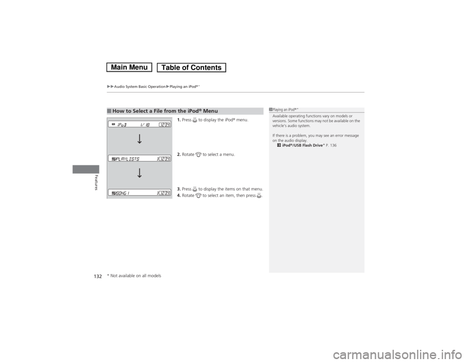 HONDA FIT 2014 3.G Owners Manual uuAudio System Basic OperationuPlaying an iPod®
*
132Features
1.Press   to display the iPod® menu.
2.Rotate   to select a menu.
3.Press   to display the items on that menu.
4.Rotate   to select an i