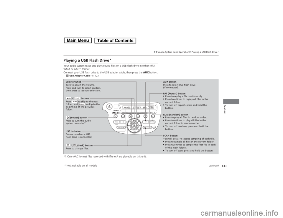 HONDA FIT 2014 3.G Owners Manual 133
uuAudio System Basic OperationuPlaying a USB Flash Drive
*
Continued
Features
Playing a USB Flash Drive
*
Your audio system reads and plays sound files on a USB flash drive in either MP3, 
WMA or 
