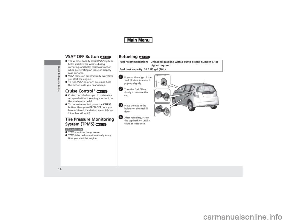 HONDA FIT 2014 3.G Owners Manual 14Quick Reference Guide
VSA® OFF Button
(P177)
●The vehicle stability assist (VSA®) system
helps stabilize the vehicle during
cornering, and helps maintain traction
while accelerating on loose HONDA FIT 2014 3.G Owners Manual 14Quick Reference Guide
VSA® OFF Button
(P177)
●The vehicle stability assist (VSA®) system
helps stabilize the vehicle during
cornering, and helps maintain traction
while accelerating on loose