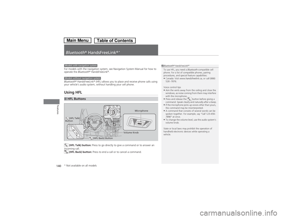 HONDA FIT 2014 3.G Owners Manual 140Features
Bluetooth® HandsFreeLink®
*
For models with the navigation system, see Navigation System Manual for how to 
operate the Bluetooth® HandsFreeLink®.
Bluetooth® HandsFreeLink® (HFL) all