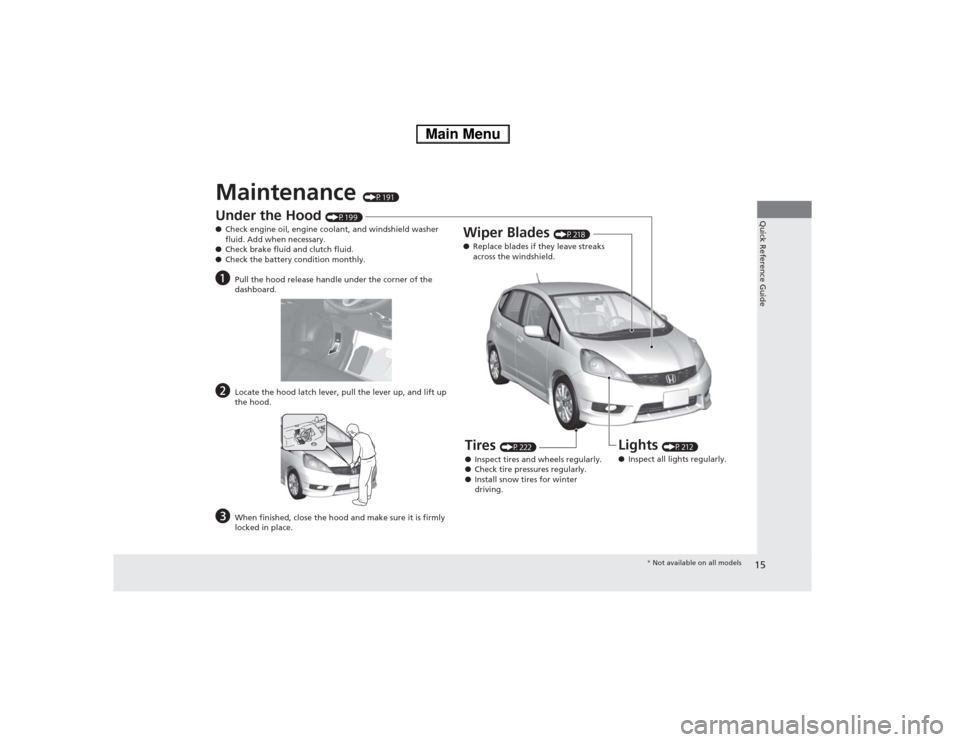 HONDA FIT 2014 3.G User Guide 15Quick Reference Guide
Maintenance
(P191)
Under the Hood
(P199)
●Check engine oil, engine coolant, and windshield washer
fluid. Add when necessary.
●Check brake fluid and clutch fluid.
●Chec HONDA FIT 2014 3.G User Guide 15Quick Reference Guide
Maintenance
(P191)
Under the Hood
(P199)
●Check engine oil, engine coolant, and windshield washer
fluid. Add when necessary.
●Check brake fluid and clutch fluid.
●Chec
