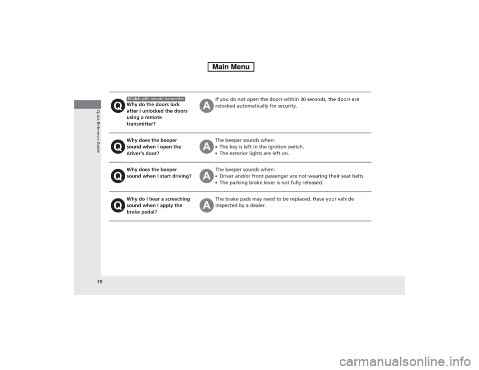 HONDA FIT 2014 3.G User Guide 18Quick Reference Guide
Why do the doors lock 
after I unlocked the doors 
using a remote 
transmitter?
If you do not open the doors within 30 seconds, the doors are 
relocked automatically for securi