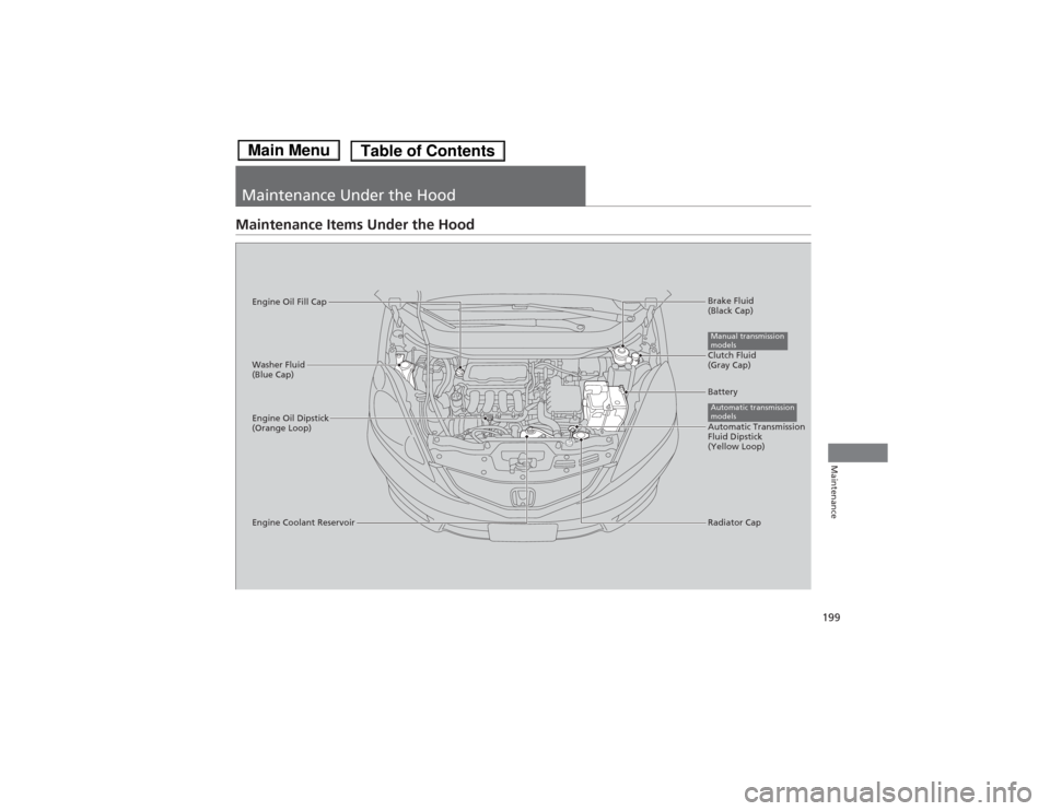 HONDA FIT 2014 3.G Owners Manual 199Maintenance
Maintenance Under the HoodMaintenance Items Under the Hood
Brake Fluid 
(Black Cap)
Engine Coolant ReservoirRadiator Cap Washer Fluid 
(Blue Cap)
Engine Oil Dipstick 
(Orange Loop)Clutc